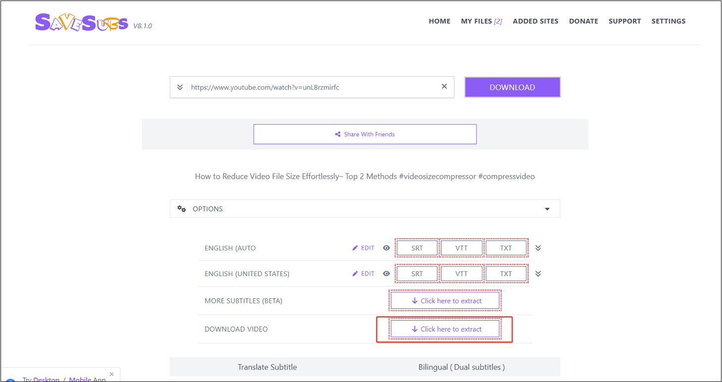 La interfaz de Savesubs muestra seleccionada la opción «Haga clic aquí para extraer».