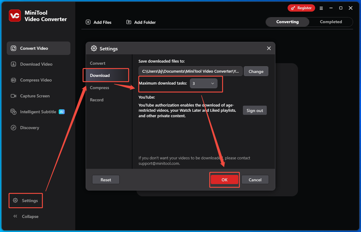 The Download Video interface of MiniTool Video Converter that shows how to customize the maximum download tasks.