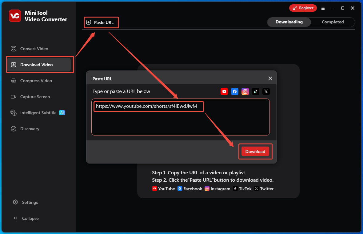The Download Video interface of MiniTool Video Converter that shows how to analyze the video link.