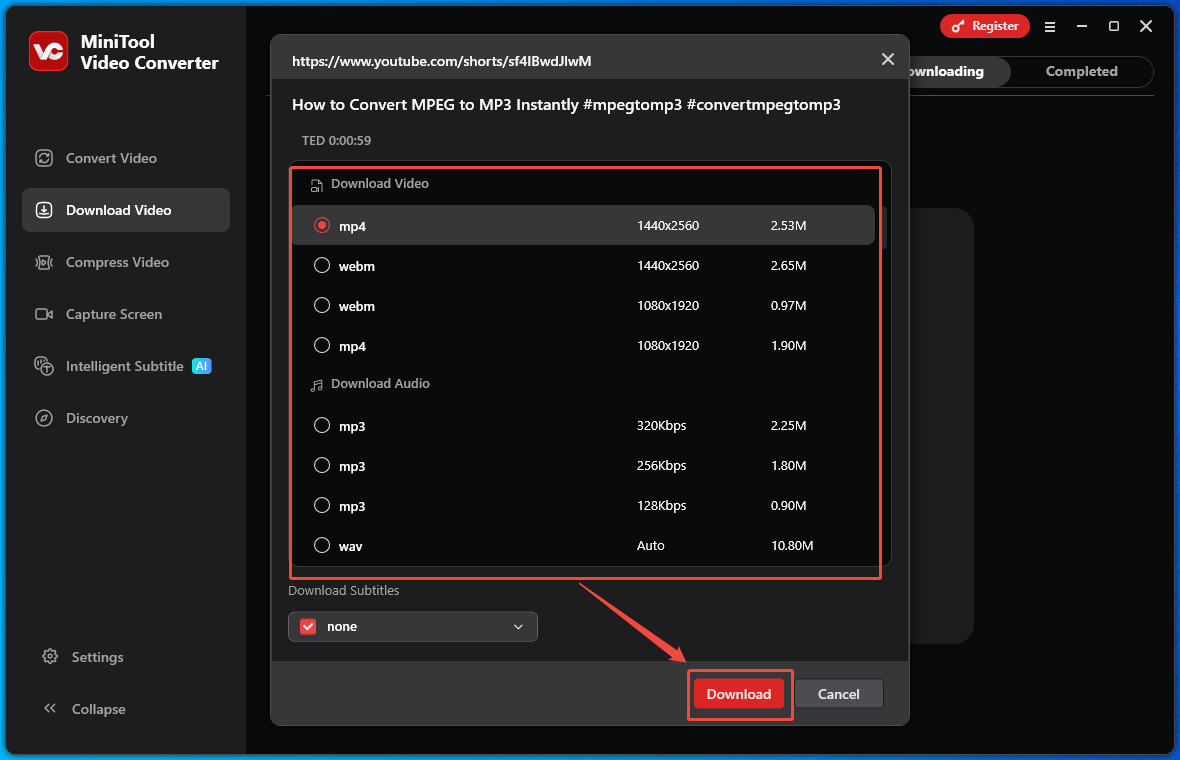 The Download Video interface of MiniTool Video Converter that shows how to choose an output format and begin the download.