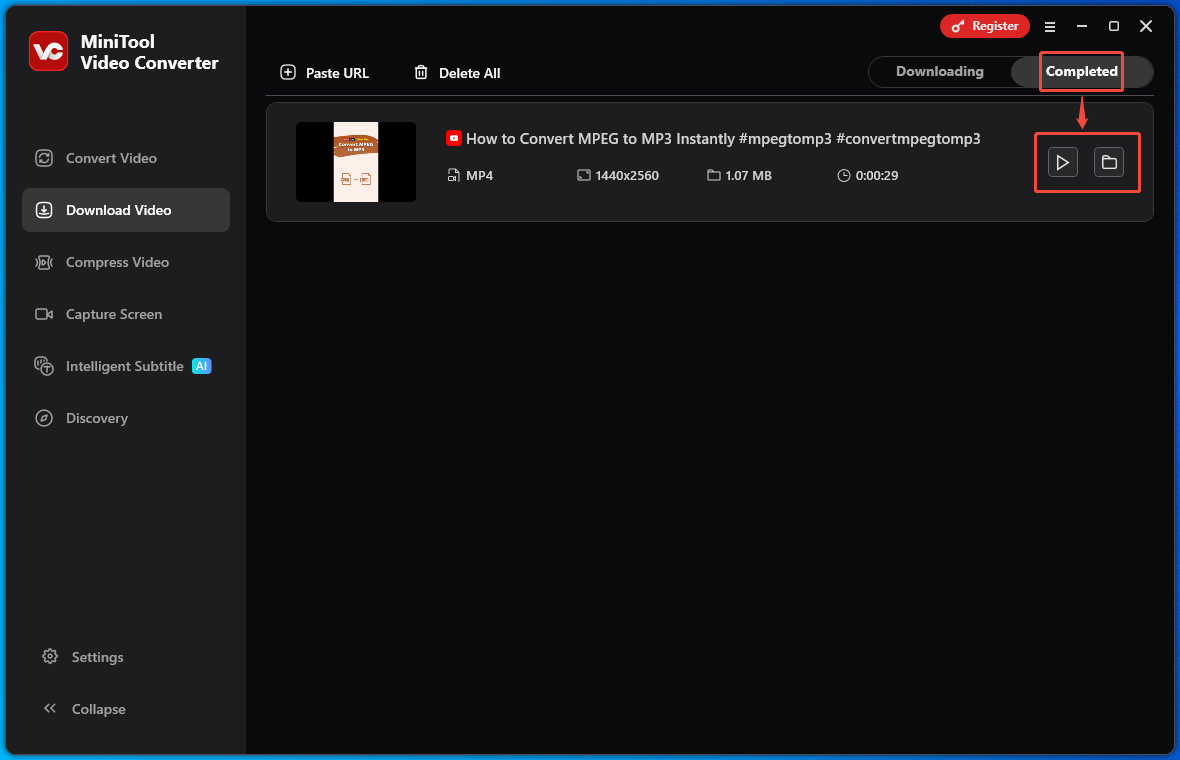 The Download Video interface of MiniTool Video Converter with the Play and Folder icons selected.