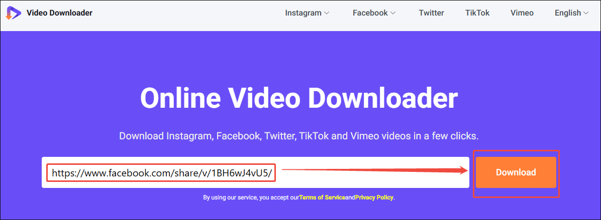 Viddown.net interface that shows how to analyze the Facebook video link.