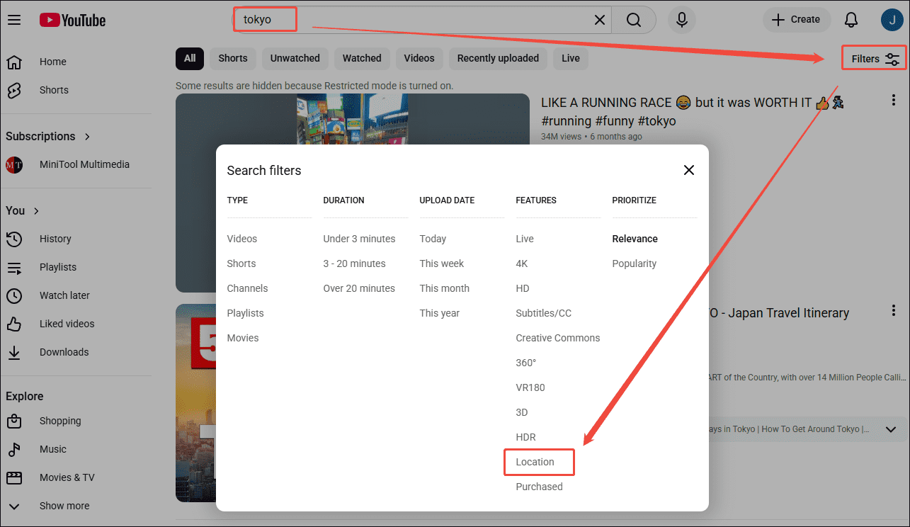 YouTube interface showing how to find channels by location.