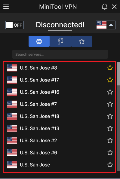 MiniTool VPN interface with the IP location selected.