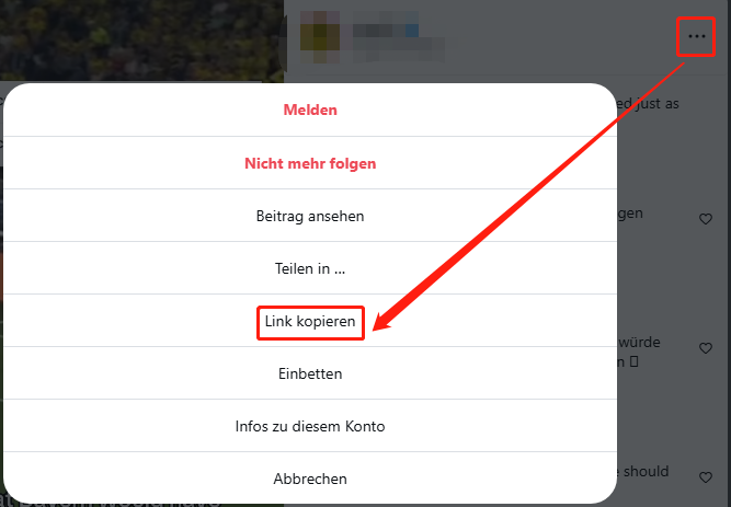 Die Instagram-Oberfläche zeigt das Symbol Mehr und die ausgewählte Option Link kopieren, um den Link der Instagram Story zu kopieren.