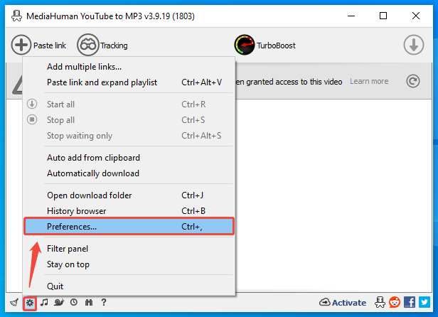 MediaHuman YouTube to MP3 Converter interface with the Gear icon and Preferences option selected.