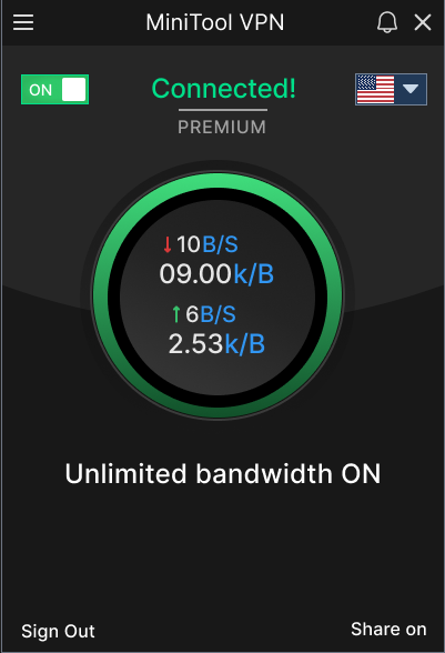 MiniTool VPN interface showing a successful VPN connection.