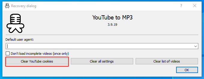 MediaHuman YouTube to MP3 Converter Recovery dialog window with the Clear YouTube cookies selected.