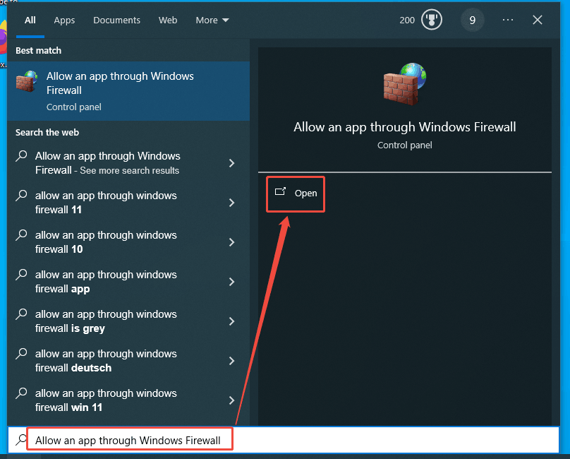 Windows search box with Allow an app through Windows Firewall typed and the Open option selected.