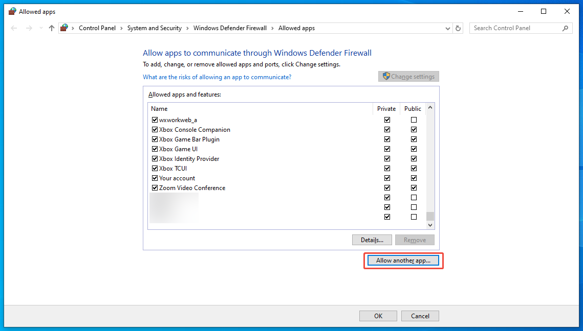 Allowed apps interface with the Allows another app option selected.