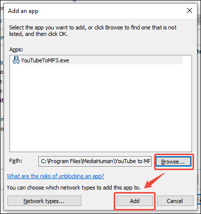 Add an app window with the Browse and Add options selected.