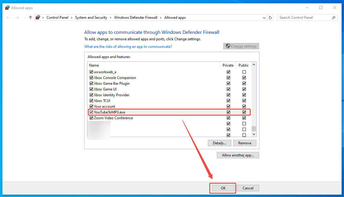 Allowed apps interface with the Private, Public, and OK options selected.