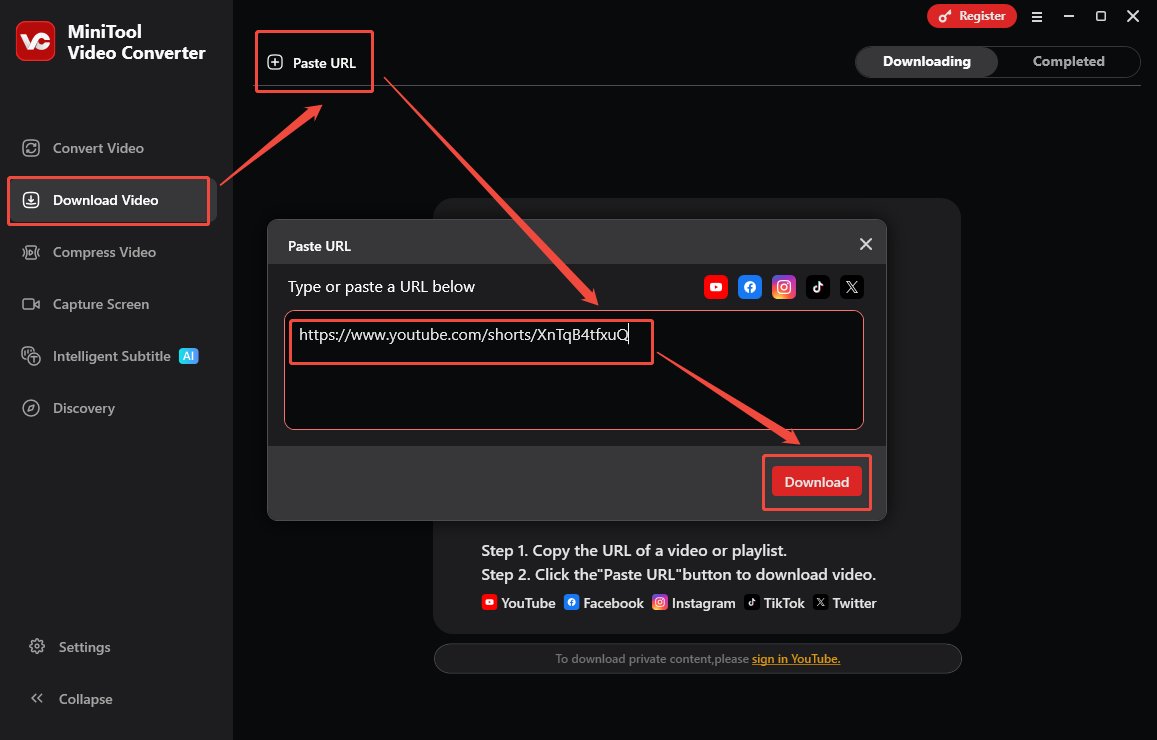 The Download Video interface of MiniTool Video Converter that shows how to analyze the YouTube video link.