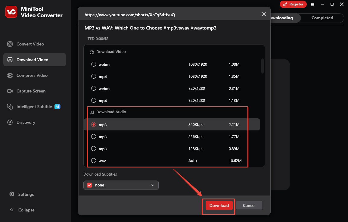 The Download Video interface of MiniTool Video Converter with the MP3 output format and the Download option selected.