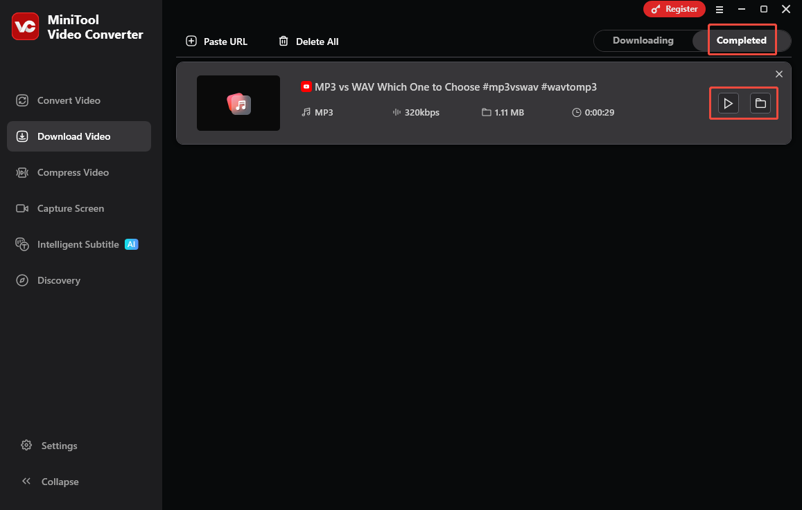 The Download Video interface of MiniTool Video Converter with the Play and Folder icons selected.