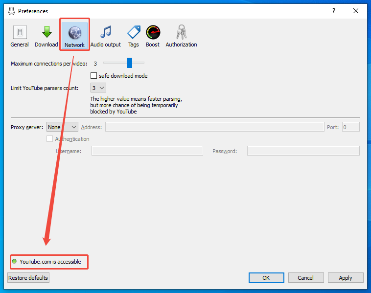 MediaHuman YouTube to MP3 Converter interface showing a great internet connection under the Network section.
