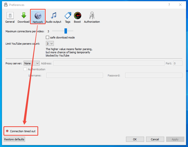 MediaHuman YouTube to MP3 Converter interface showing a bad internet connection under the Network section.