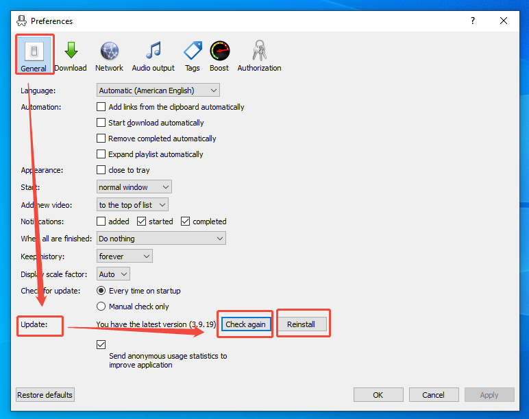 MediaHuman YouTube to MP3 Converter interface with the Check again and Reinstall options selected.
