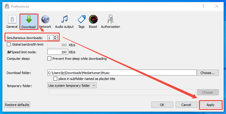 MediaHuman YouTube to MP3 Converter interface with the Simultaneous downloads option customized.
