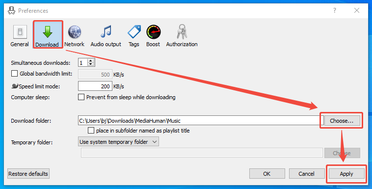 MediaHuman YouTube to MP3 Converter interface that shows how to change the output folder.