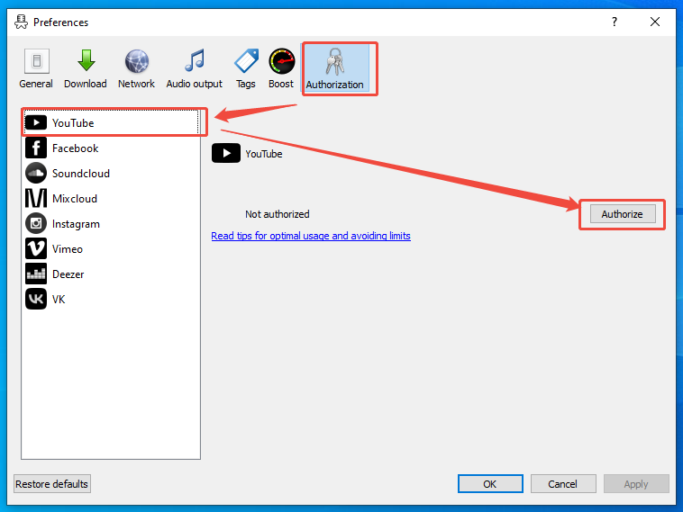 MediaHuman YouTube to MP3 Converter interface with the Authorize option selected under the Authorization section.