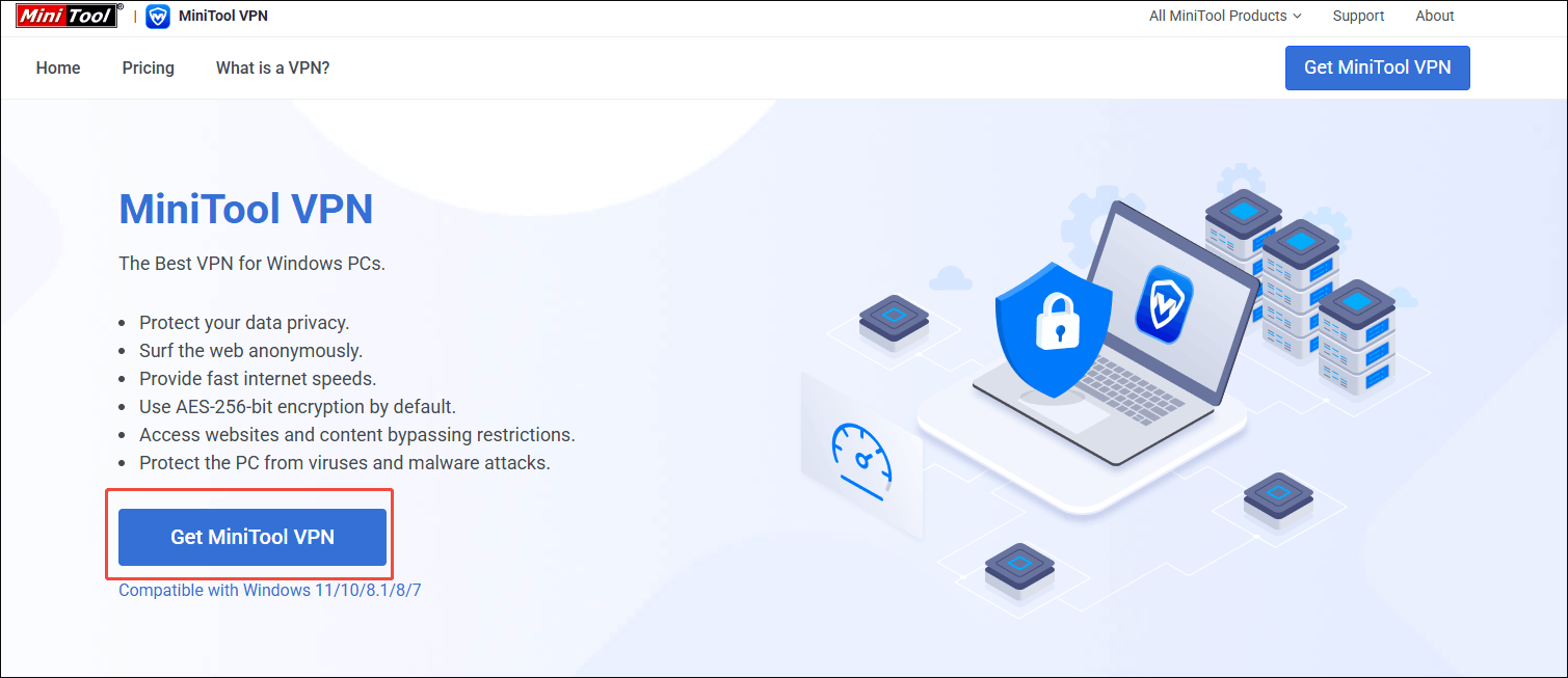 Microsoft Edge interface with the Get MiniTool VPN option selected.