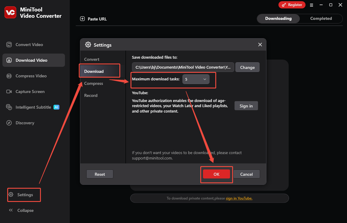 Video Download Interface of MiniTool Video Converter that shows how to customize the maximum download tasks.