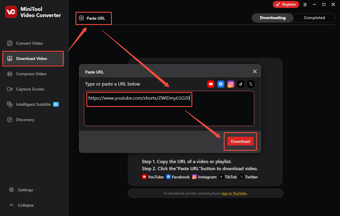 Video Download Interface of MiniTool Video Converter that shows how to analyze the video link.