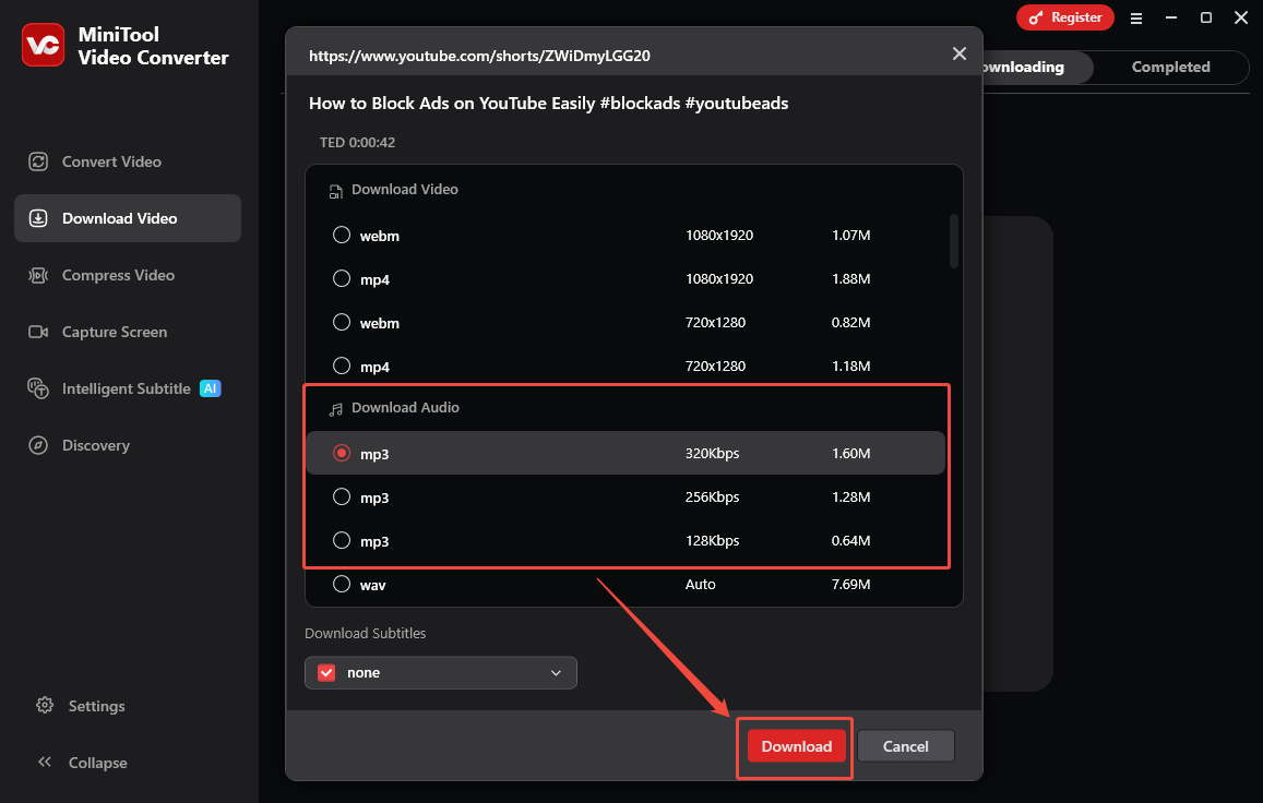 Video Download Interface of MiniTool Video Converter that shows how to set an output format and begin the download.