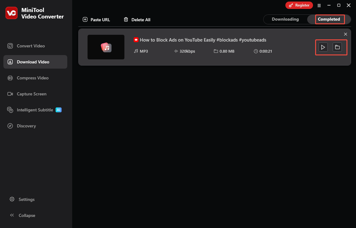 Video Download Interface of MiniTool Video Converter with the Play icon and Folder icon selected.