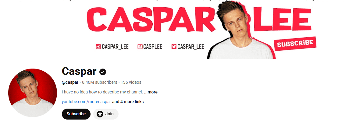 The YouTube homepage of Caspar.