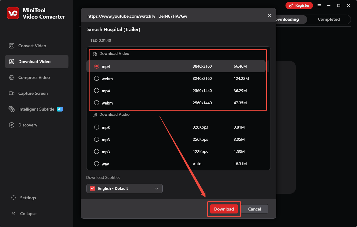 MiniTool Video Converter interface showing how to set an output format and begin downloading the YouTube video.