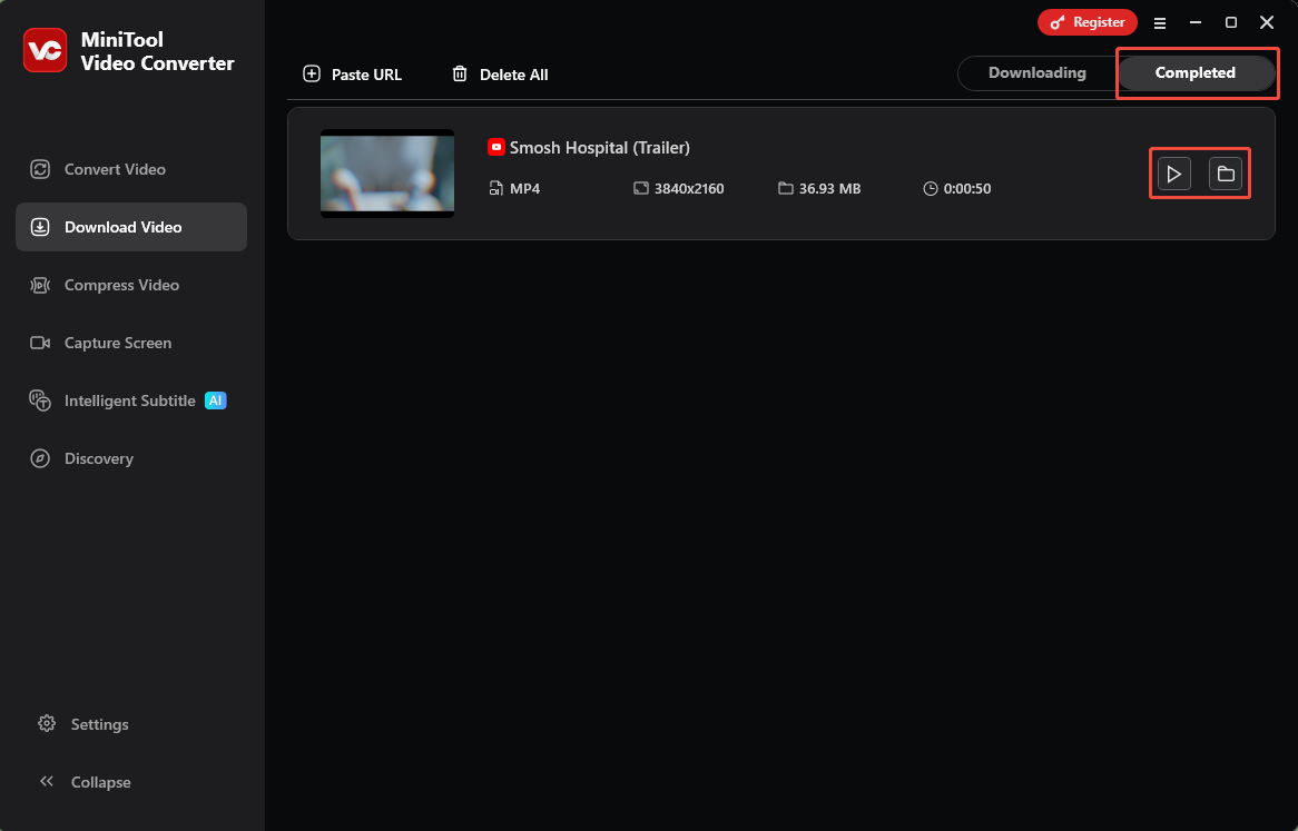 MiniTool Video Converter Download Video interface with the Play icon and Folder icon selected under the Completed section.