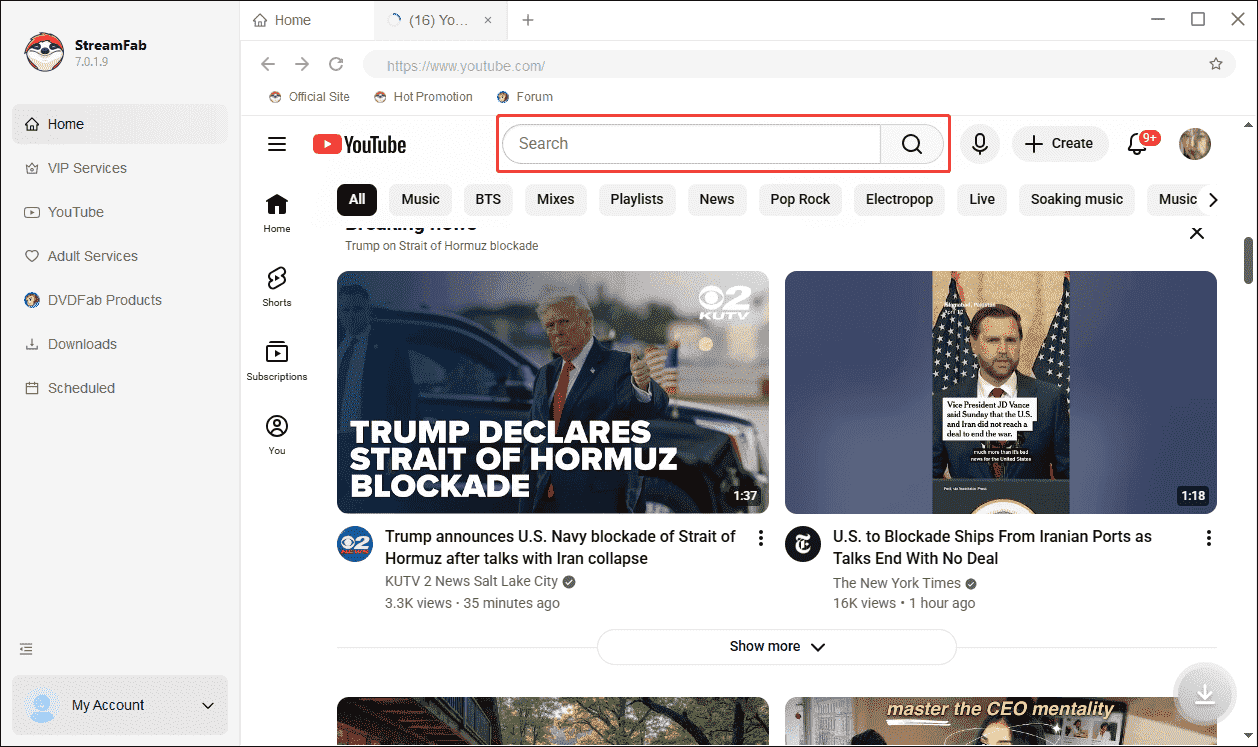 StreamFab YouTube video download interface with the search box selected.