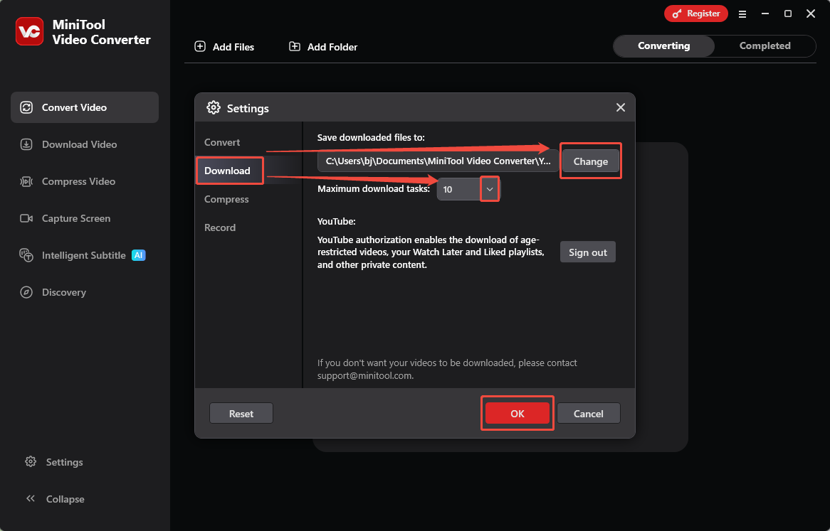 Die MiniTool Video Converter Download-Einstellungen-Oberfläche zeigt, wie man die Video-Download-Parameter konfiguriert.