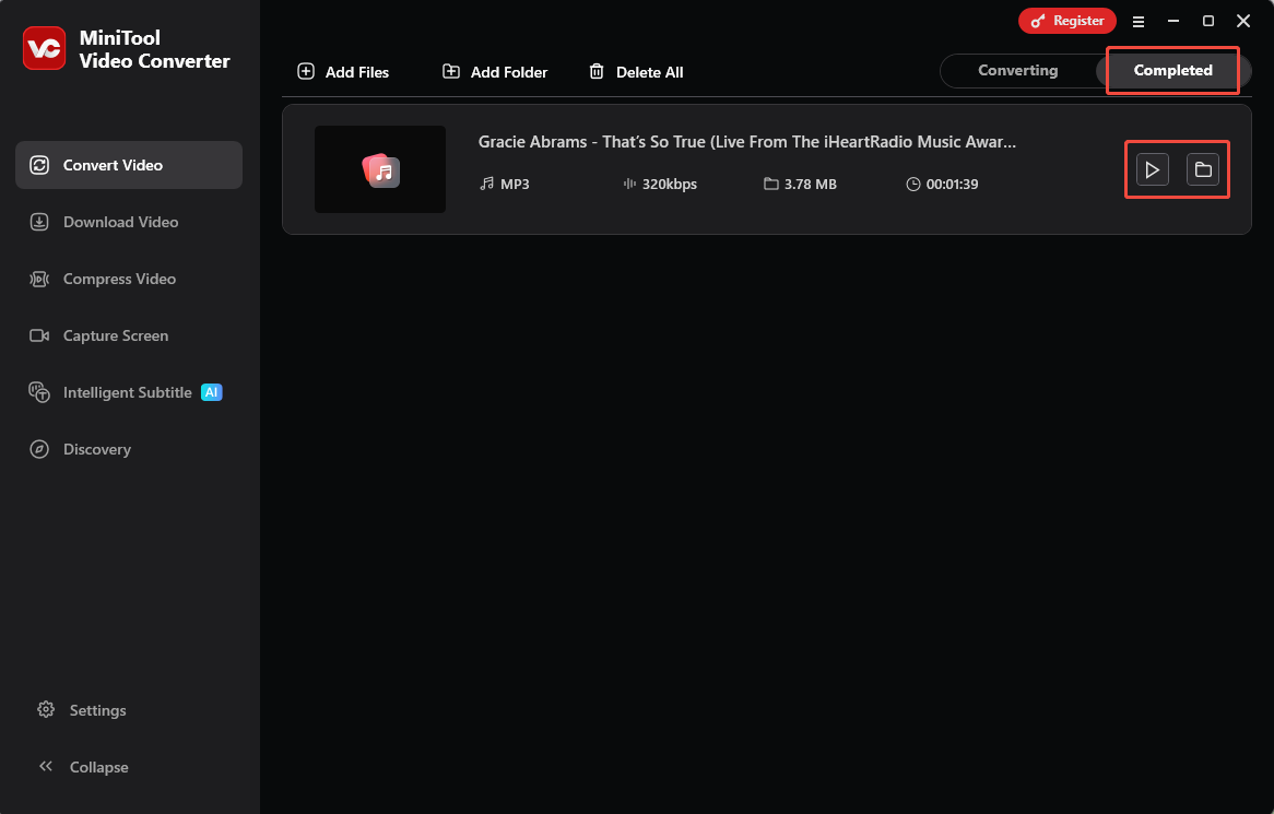 MiniTool Video Converter mit ausgewählten Symbolen Abspielen und Ordner im Bereich Fertig.