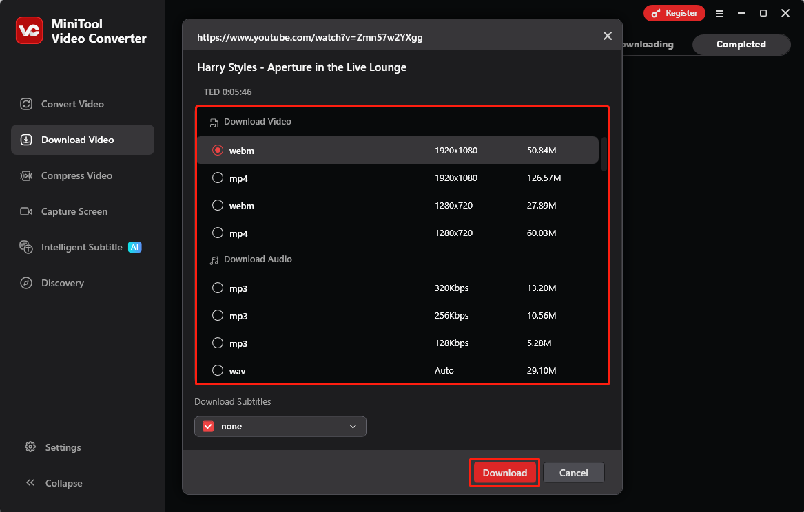 Die MiniTool Video Converter-Oberfläche zeigt, wie man ein Ausgabeformat einstellt und das YouTube-Musikvideo herunterlädt.