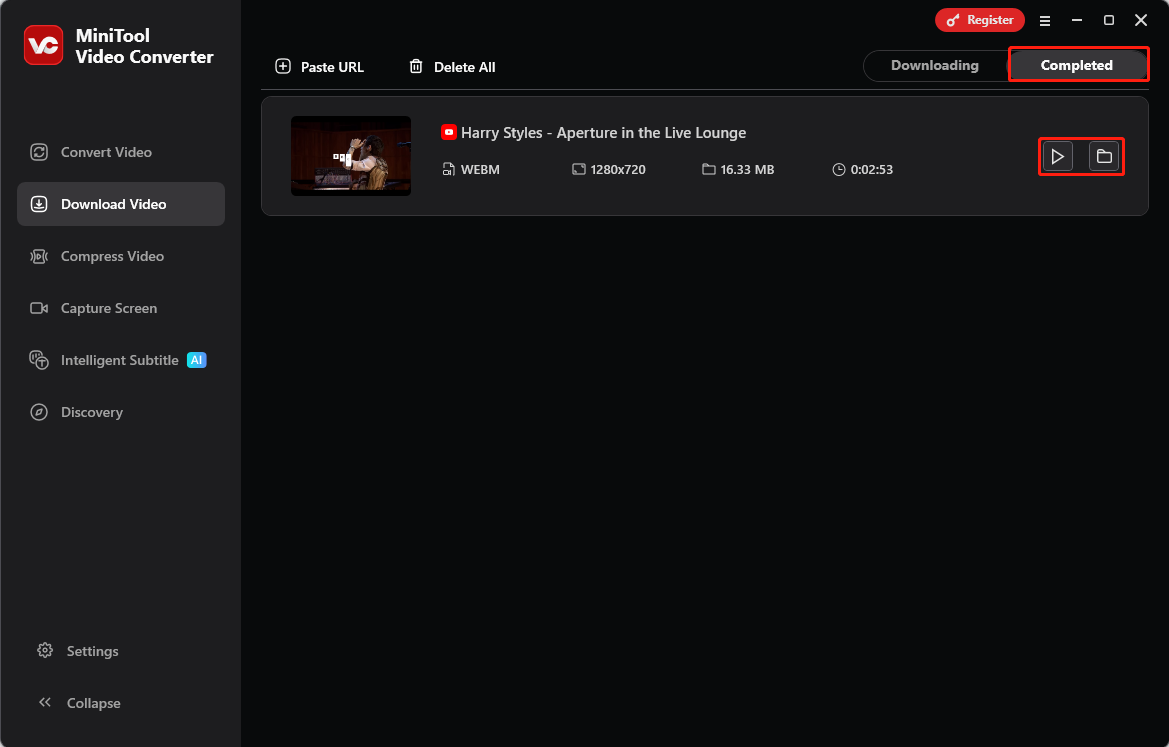 Die MiniTool Video Converter Oberfläche Video herunterladen zeigt das Abspielen- und Ordnersymbol im Abschnitt Fertig.