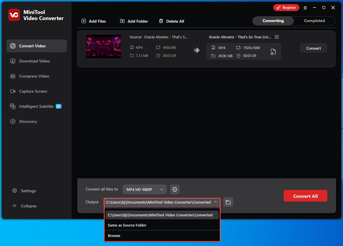 MiniTool Video Converter mit erweiterter Auswahl des Ausgabeorts im Bereich Video konvertieren.