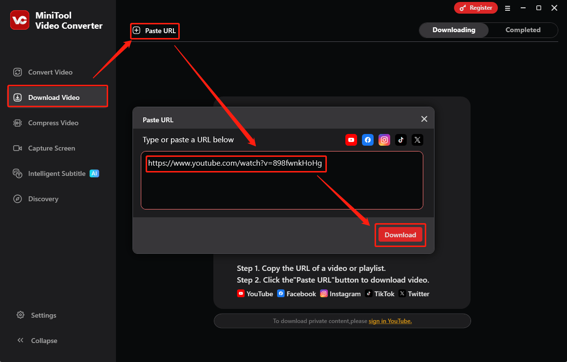 Einfügen der URL über URL einfügen oder in die Adressleiste sowie Auswahl der Schaltfläche Herunterladen in MiniTool Video Converter.