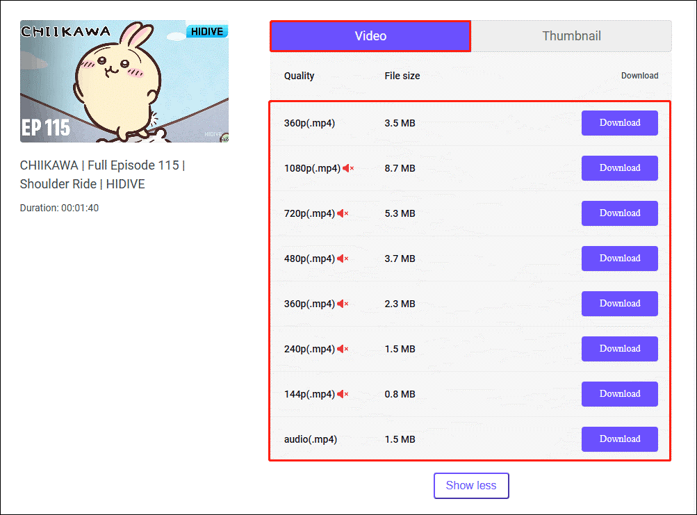 Auswahl eines Formats und Auswahl der Schaltfläche „Download“ auf viddown.net.