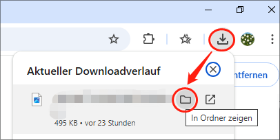 Auswahl des Symbols In Ordner anzeigen im Download-Tab des Browsers.