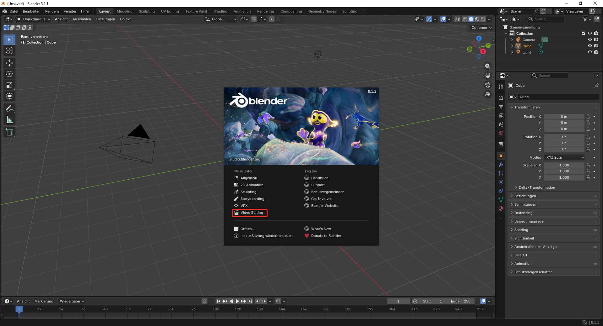 Auswahl der Option Video Editing im Startbildschirm von Blender.