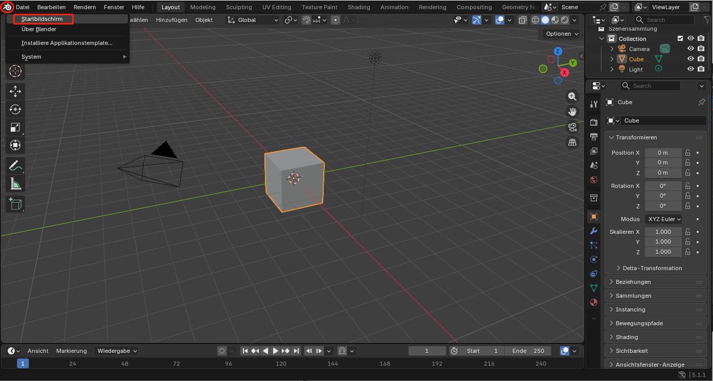 Auswahl des Blender-Symbols und Auswahl der Option Startbildschirm.