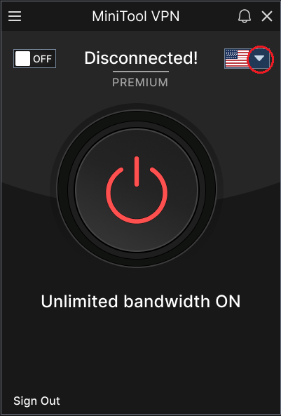 MiniTool VPN interface with the inverted triangle selected.