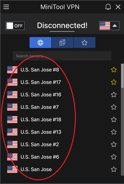 MiniTool VPN interface with the IP location selected.