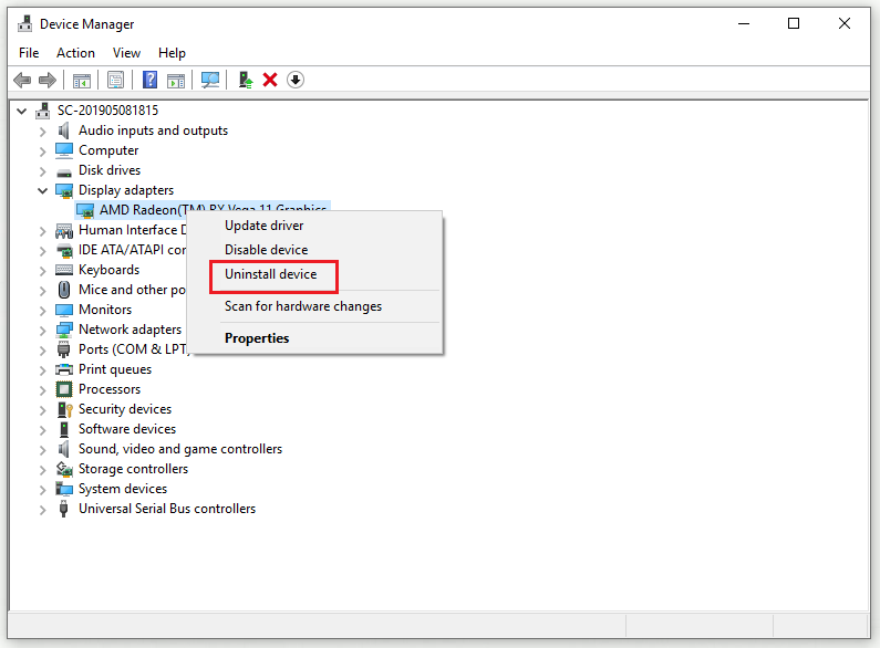 Device Manager interface with the Uninstall device option selected.