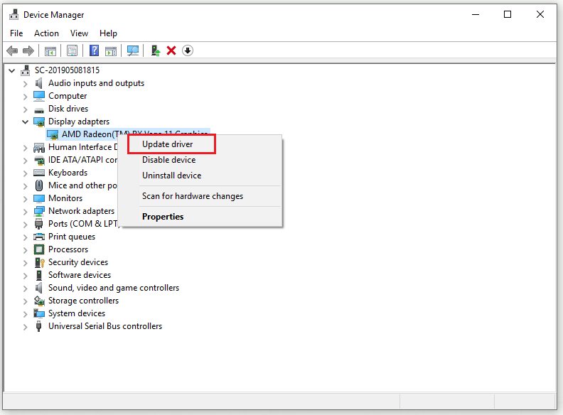 Device Manager interface with the Update driver option selected.