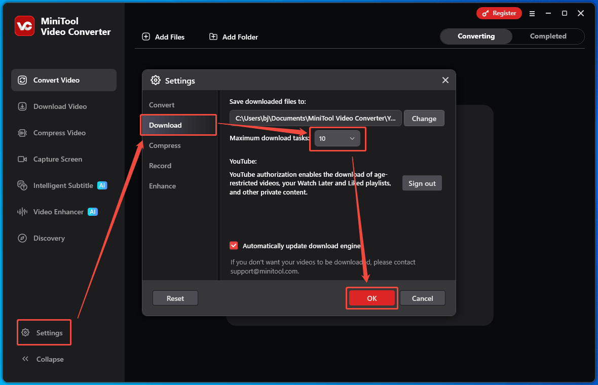 Video Download Interface of MiniTool Video Converter that shows how to customize the maximum download tasks.