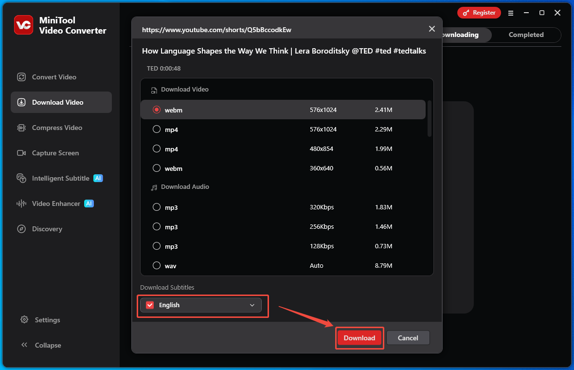 Video Download Interface of MiniTool Video Converter with the Download Subtitles and Download options selected.